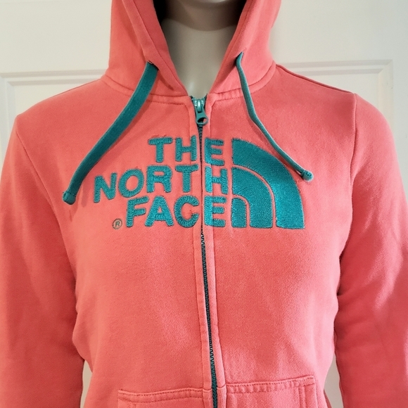 The North Face Womens XS 4 Embroidered Zip Hoodie Fleece Lined Coral Teal Jacket - Picture 5 of 15